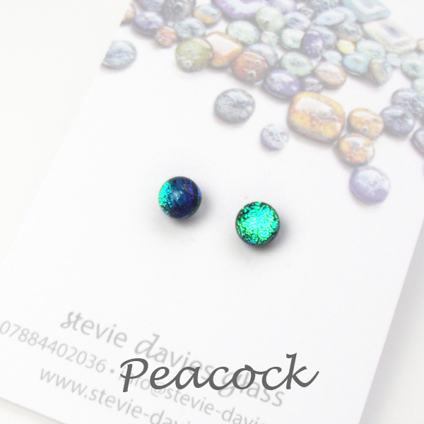 Peacock mini stud earrings by Stevie Davies