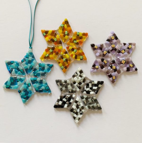 Completed large stars from kit by Stevie Davies Glass