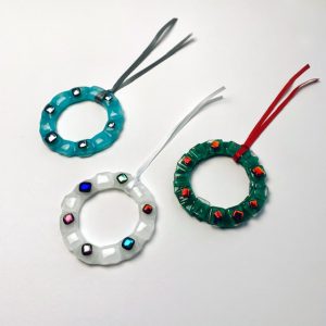 Completed mini wreath tree hangings from the Stevie Davies Glass kit