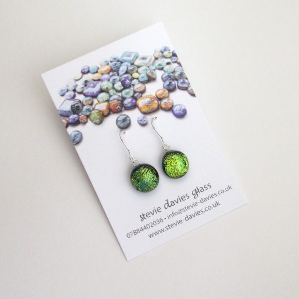 Small dichroic glass drop earrings by Stevie Davies