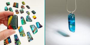 Handmade fused glass pendants. Colourful and sparkly