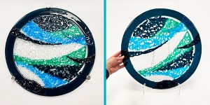 fused glass lace. Disc artwork/sculpture in sea blues and emerald green